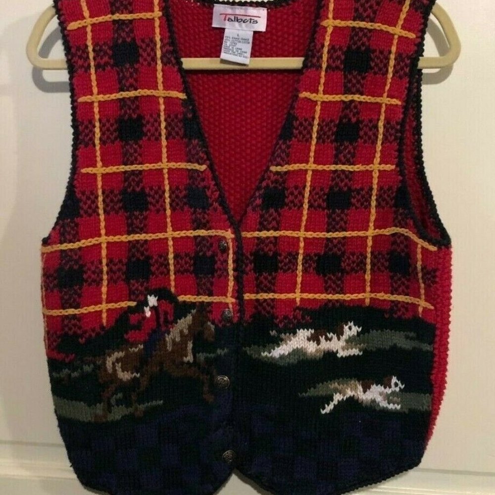 TALBOTS English Hunt Dog SWEATER VEST RAMIE COTTON